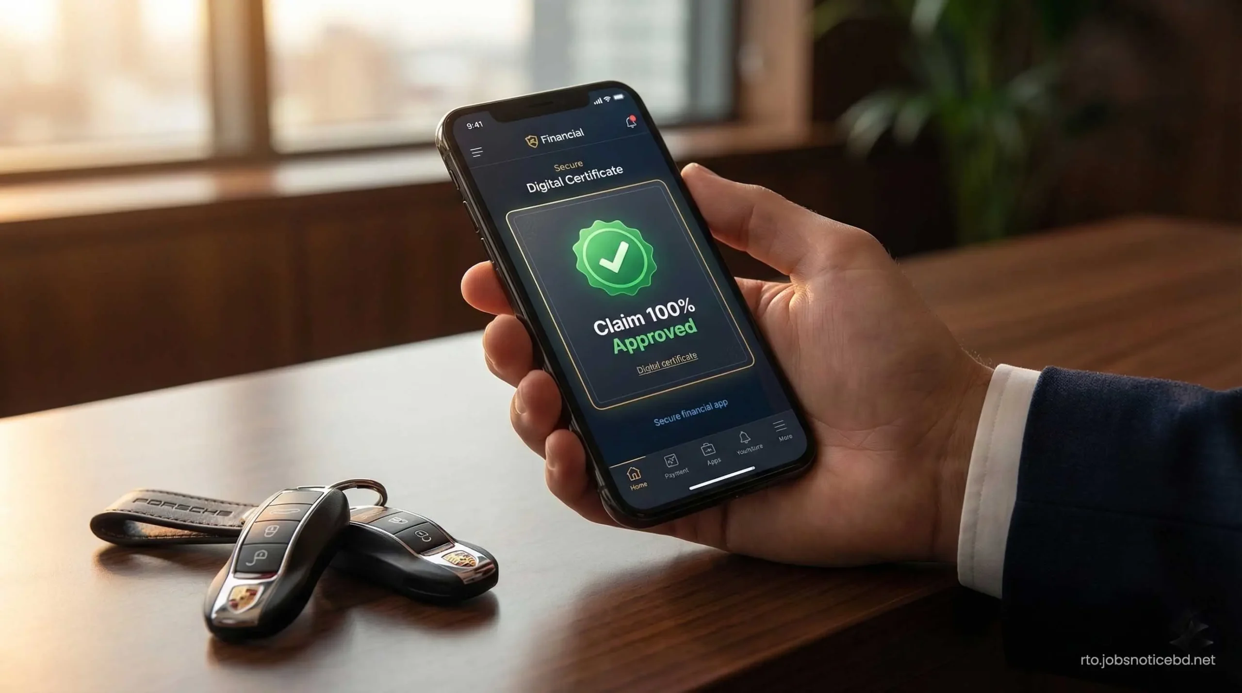 A digital smartphone screen showing a 100 percent approved car insurance claim.