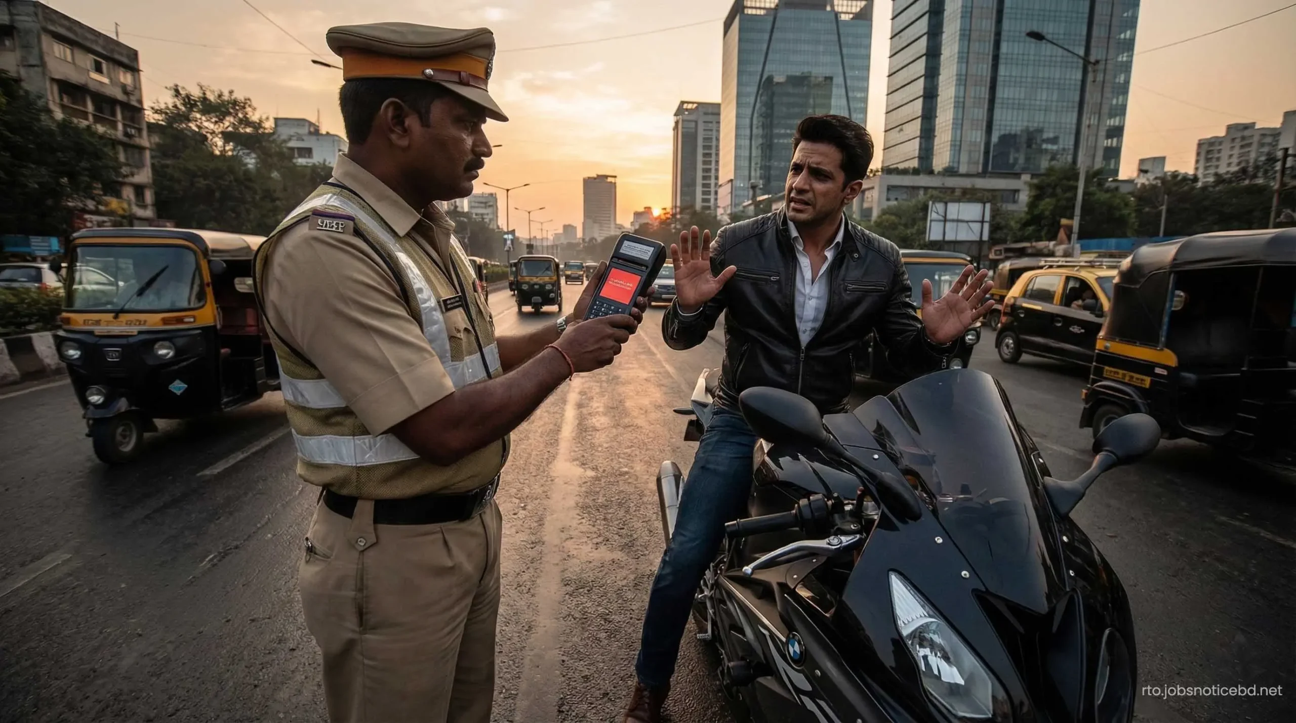 An Indian traffic police officer stopping a wealthy rider caught without a helmet.