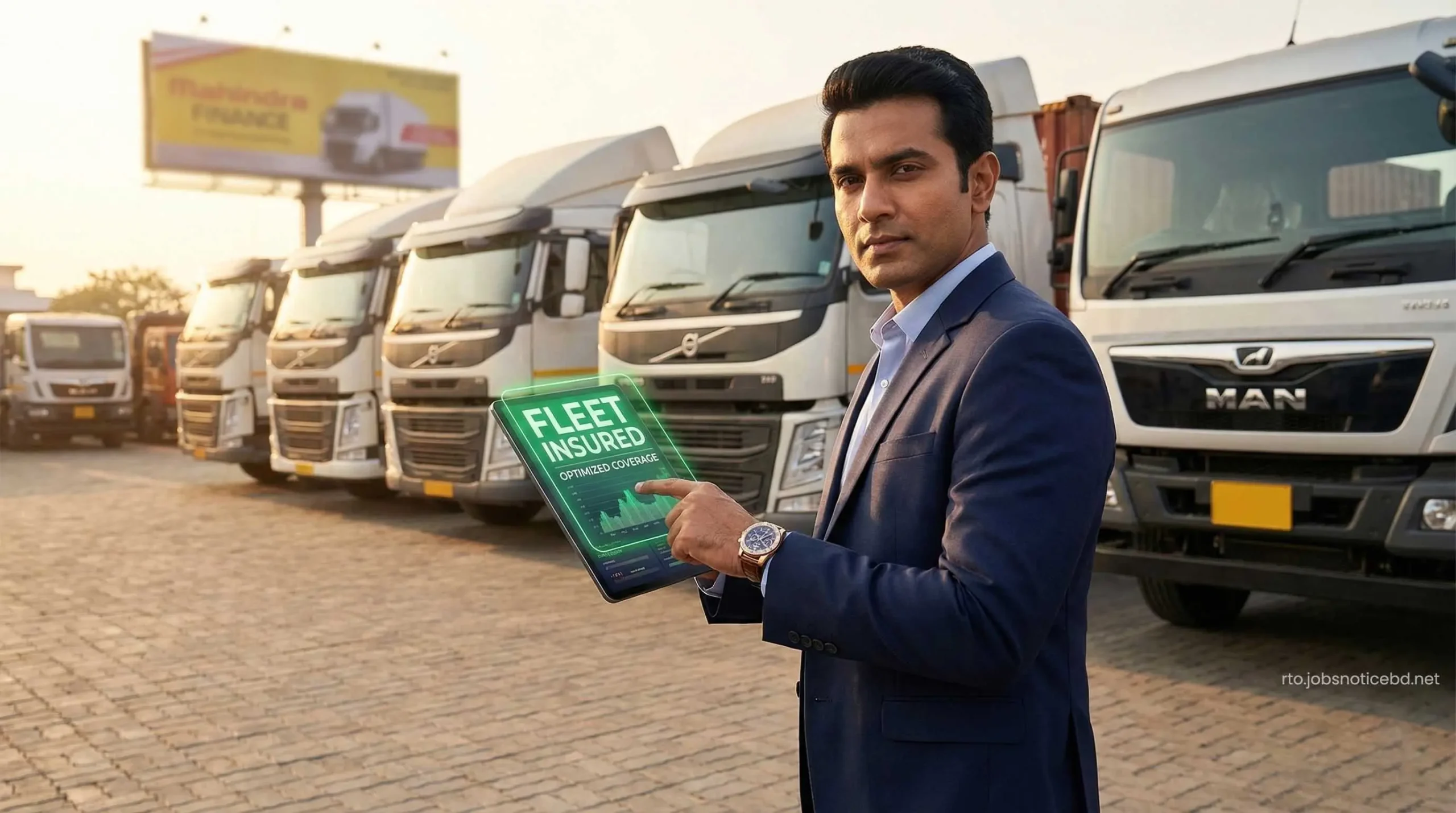 A wealthy fleet owner checking commercial vehicle insurance on a digital tablet.