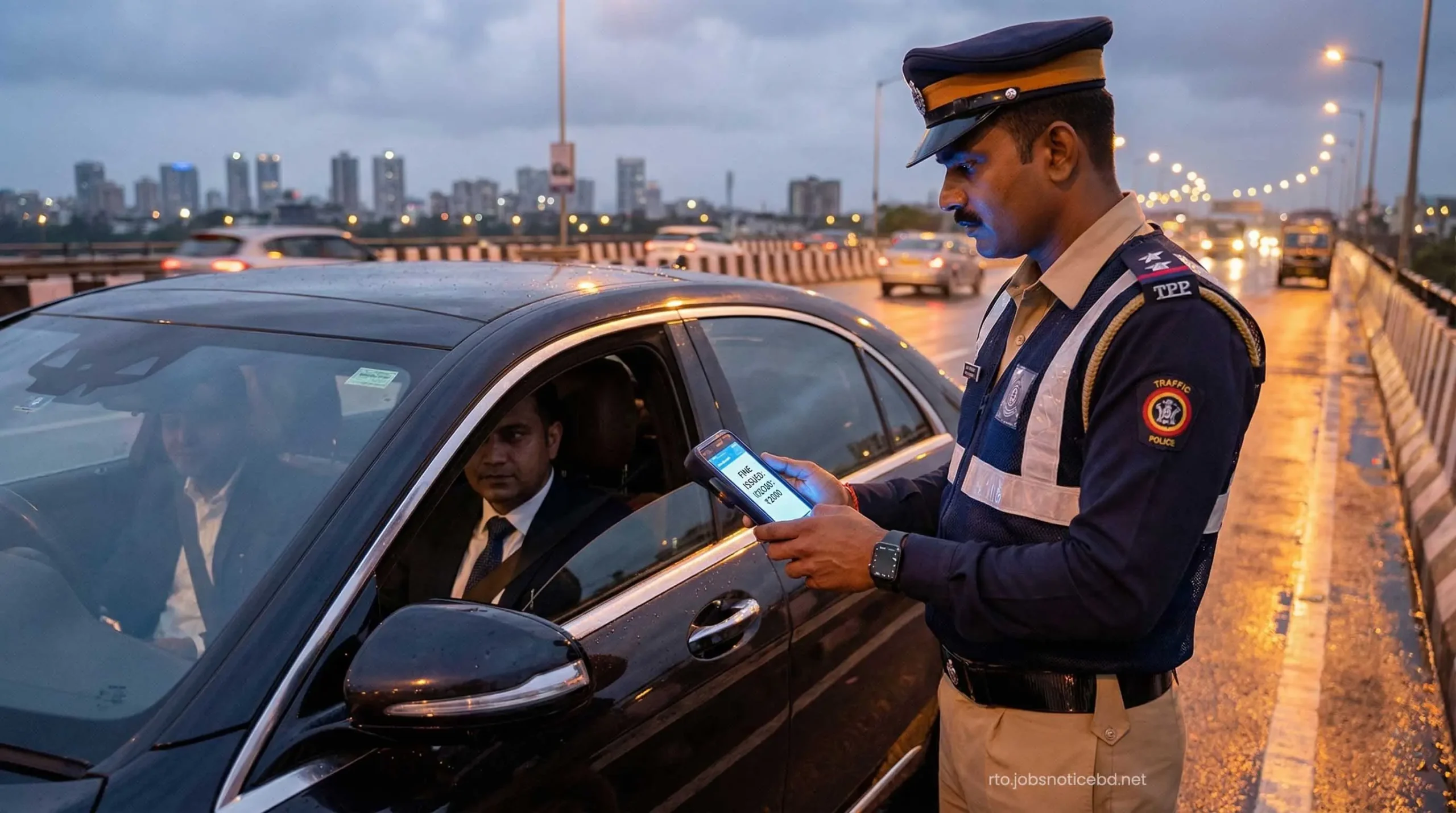 An Indian traffic police officer issuing a digital e-challan to a car driver.