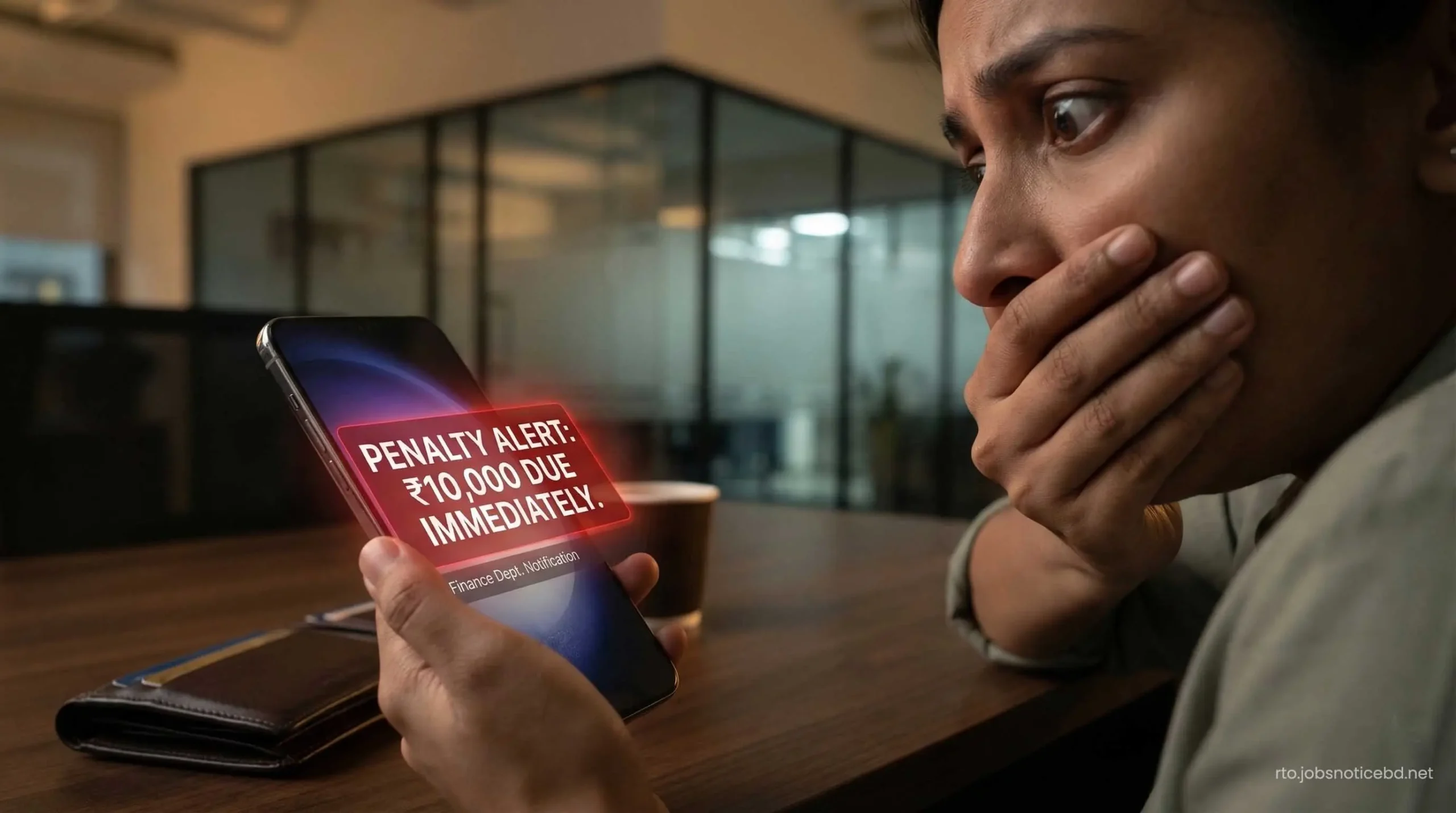 A driver shocked by a massive traffic fine notification on a smartphone.