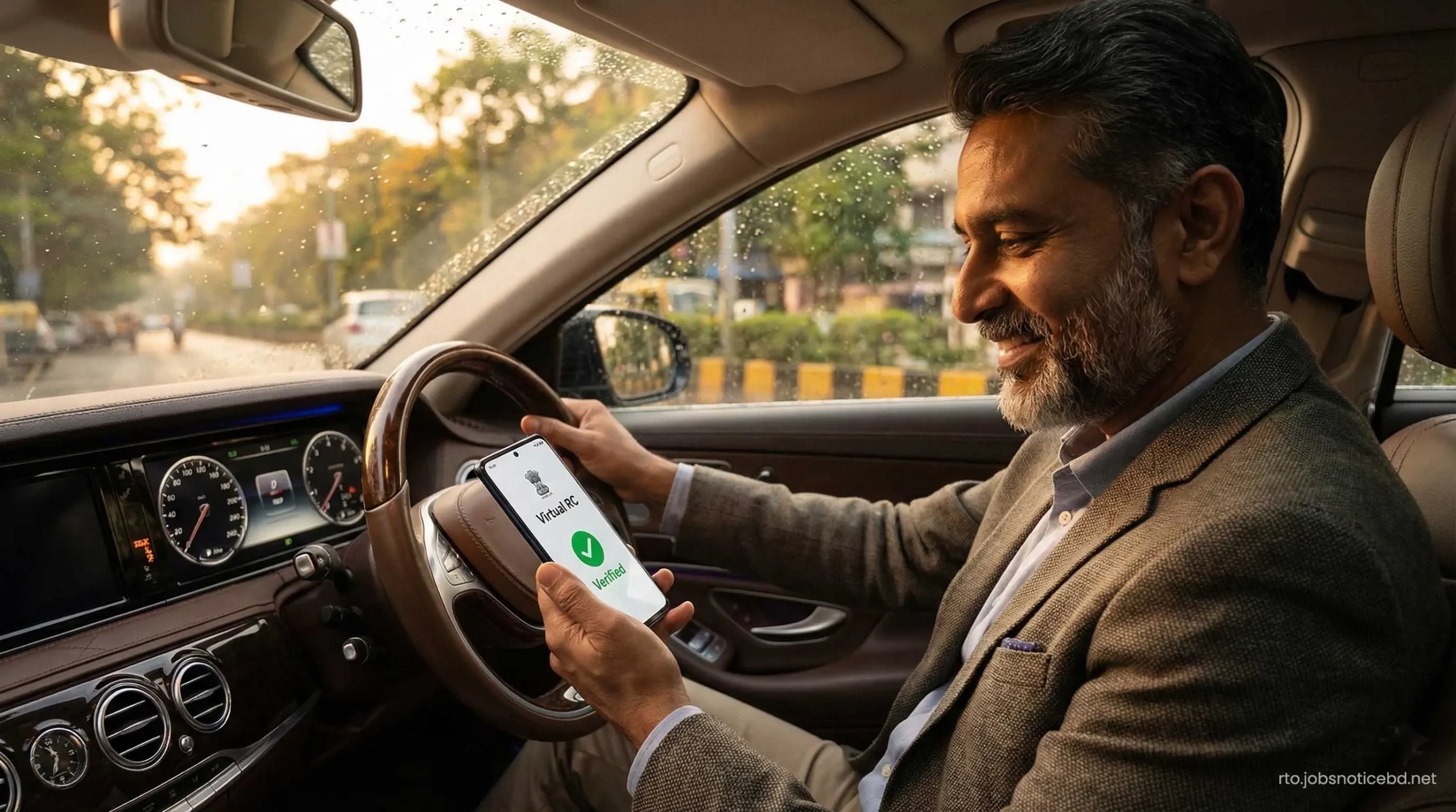 A driver checking virtual vehicle documents on a smartphone inside a modern car.