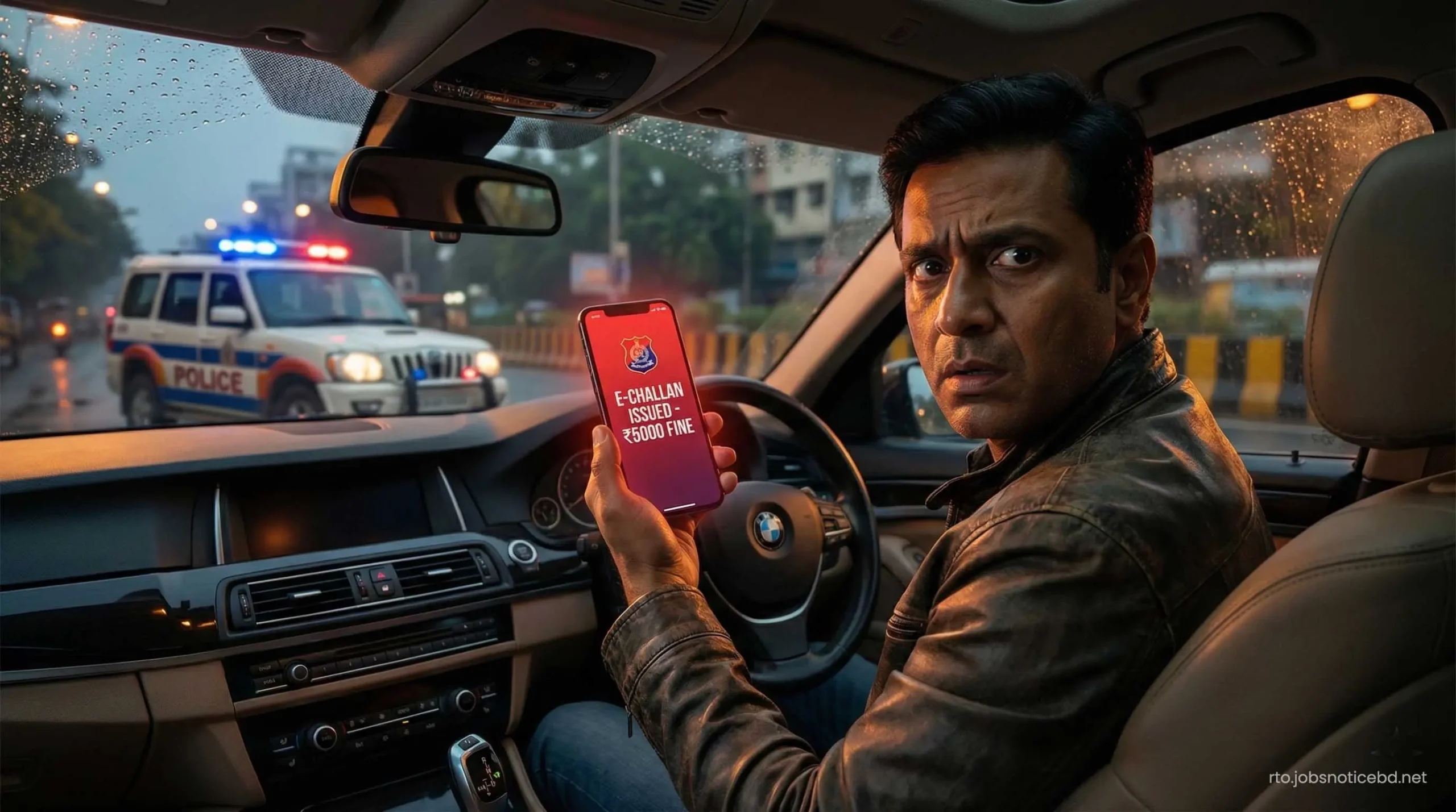 A shocked driver checking a digital e-challan notification on a smartphone.