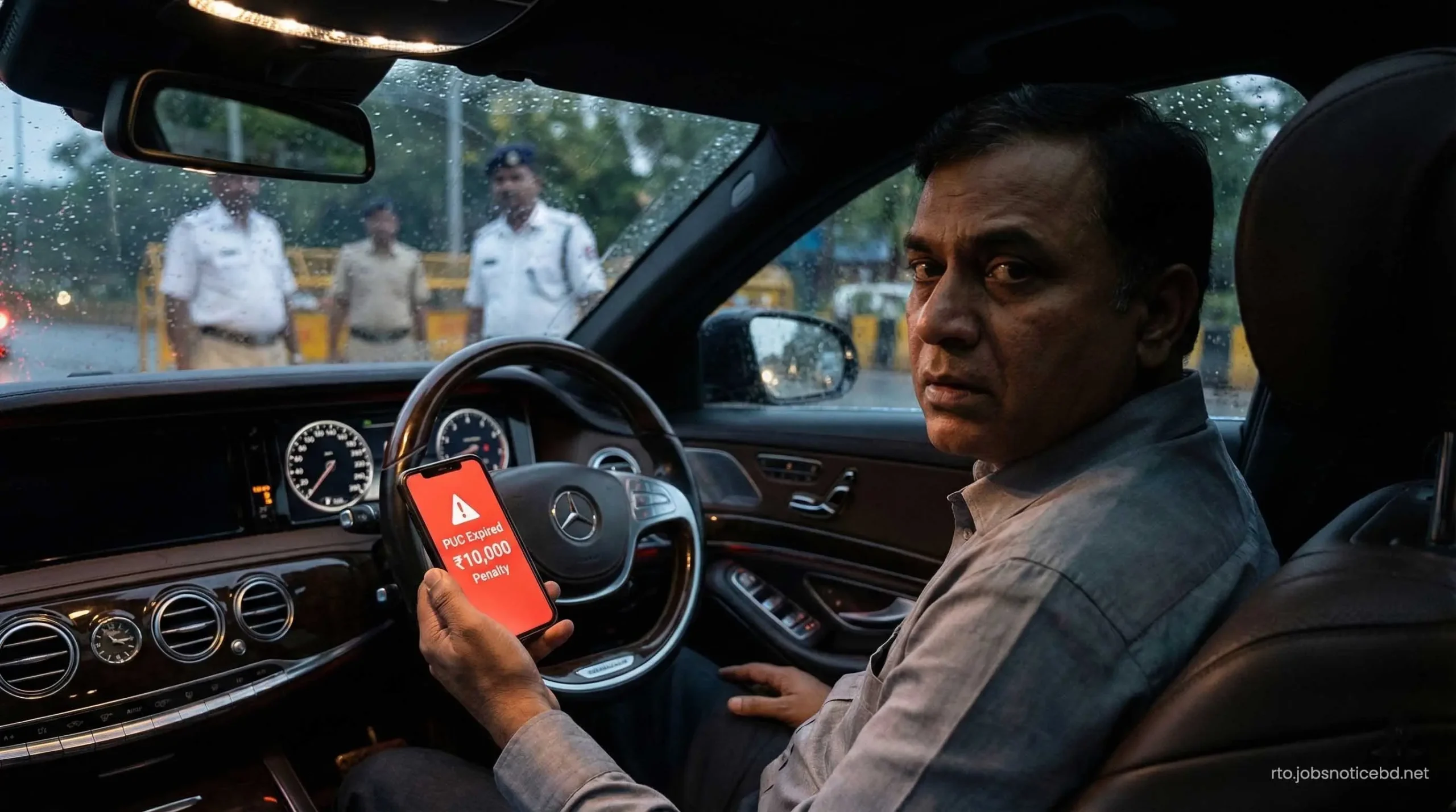 A driver checking a massive PUC expired traffic fine penalty on a smartphone.