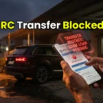 A digital smartphone notification showing an RTO RC transfer blocked due to bank loan.