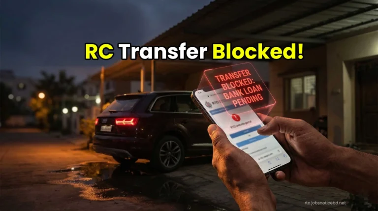 A digital smartphone notification showing an RTO RC transfer blocked due to bank loan.