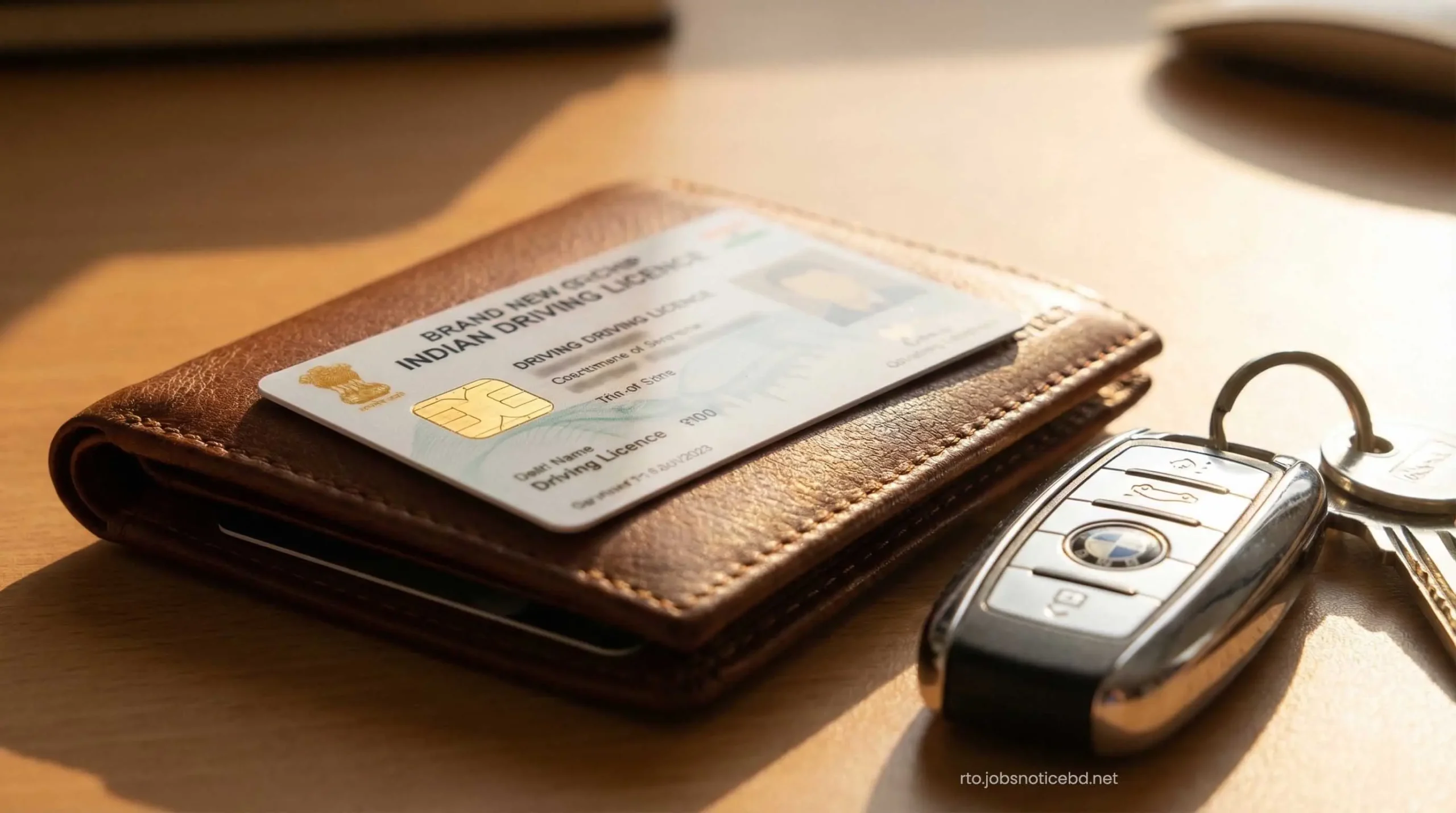 A new smart chip Indian driving licence resting on a premium leather wallet.