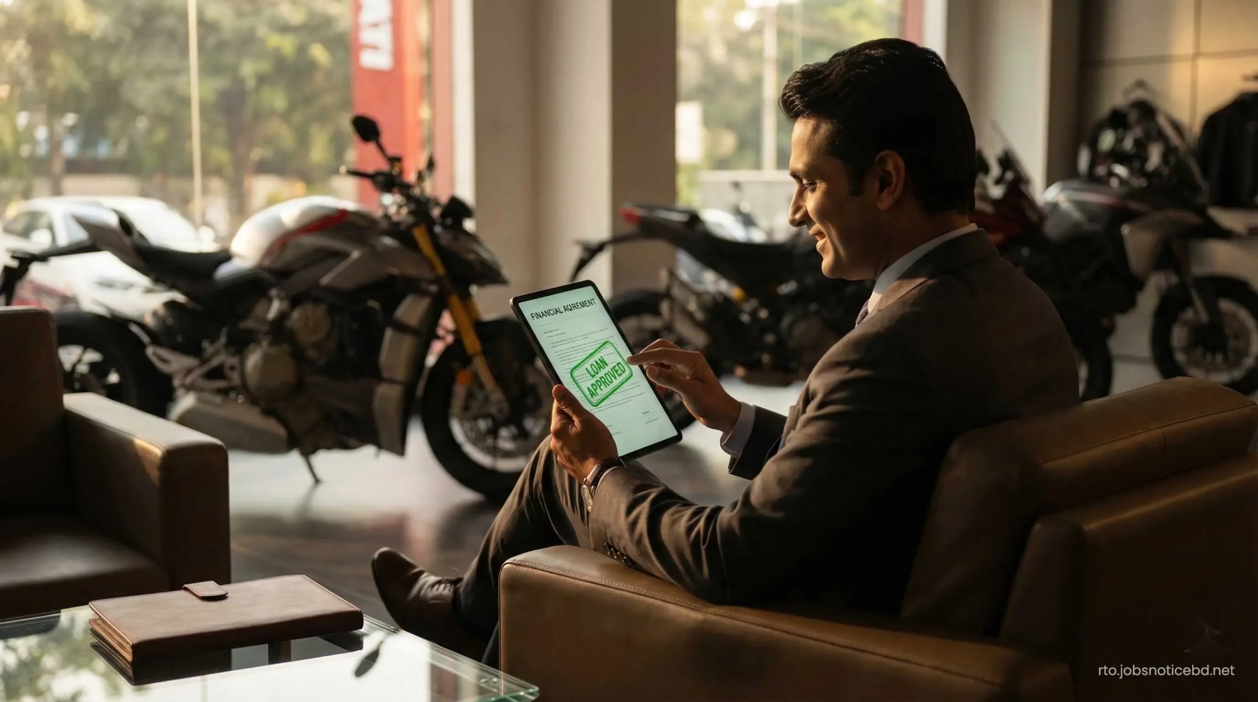 A customer checking an approved two-wheeler loan EMI offer on a tablet.