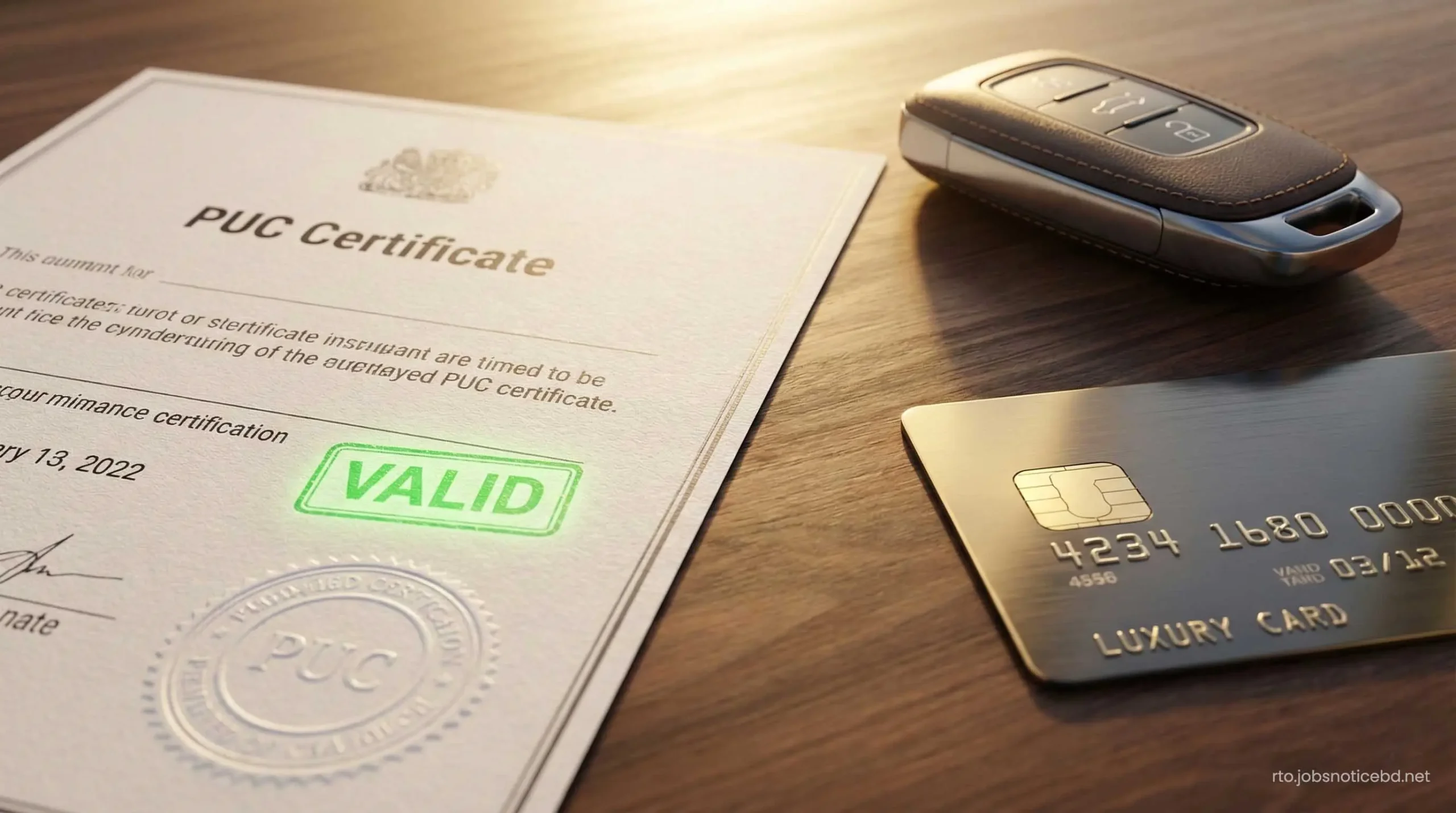 A valid Indian PUC certificate next to a premium credit card and car keys.