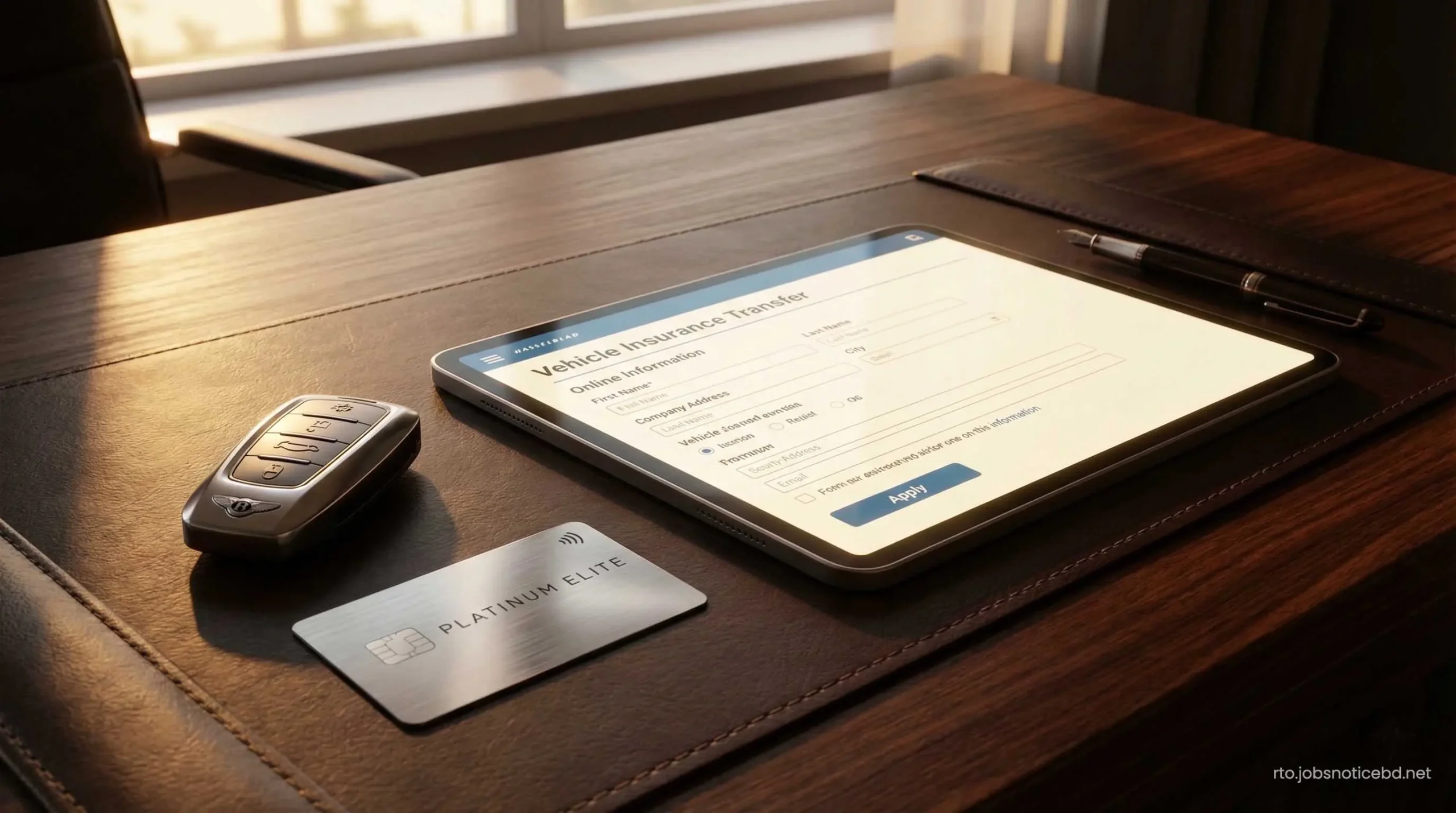 Transferring vehicle insurance online using a premium tablet and credit card.