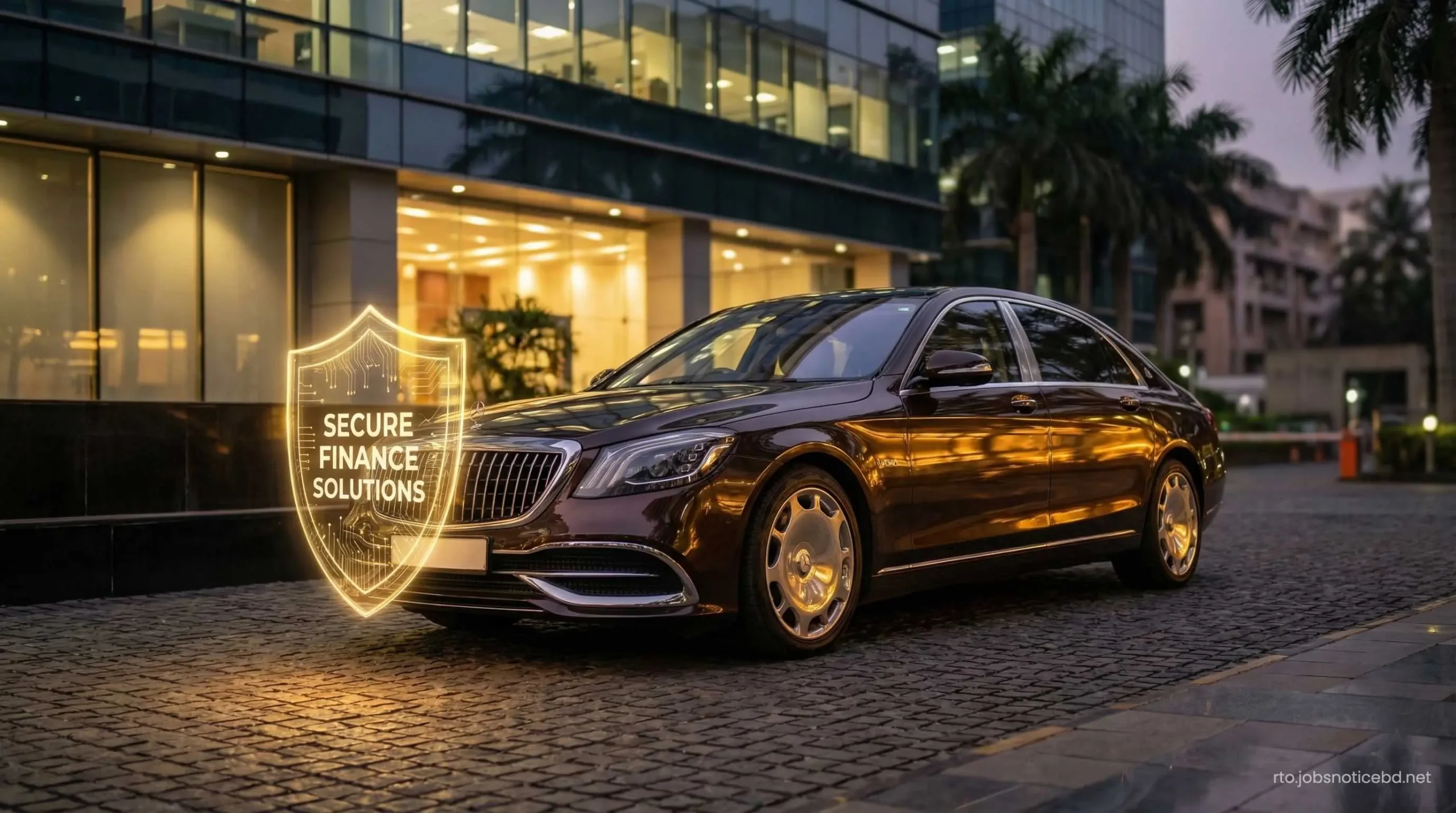A digital security shield protecting a luxury car bumper representing zero depreciation insurance.